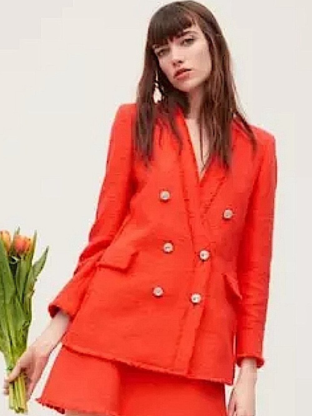 Zara Orange Tweed Double-Breasted Blazer with Faux Rhinestone Buttons